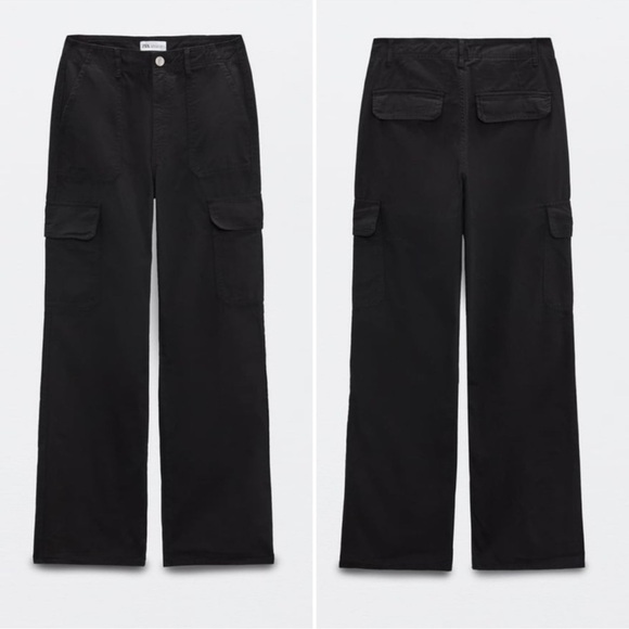 Zara High Rise Straight Leg Cargo Pants Black big pockets straight leg - Picture 2 of 9